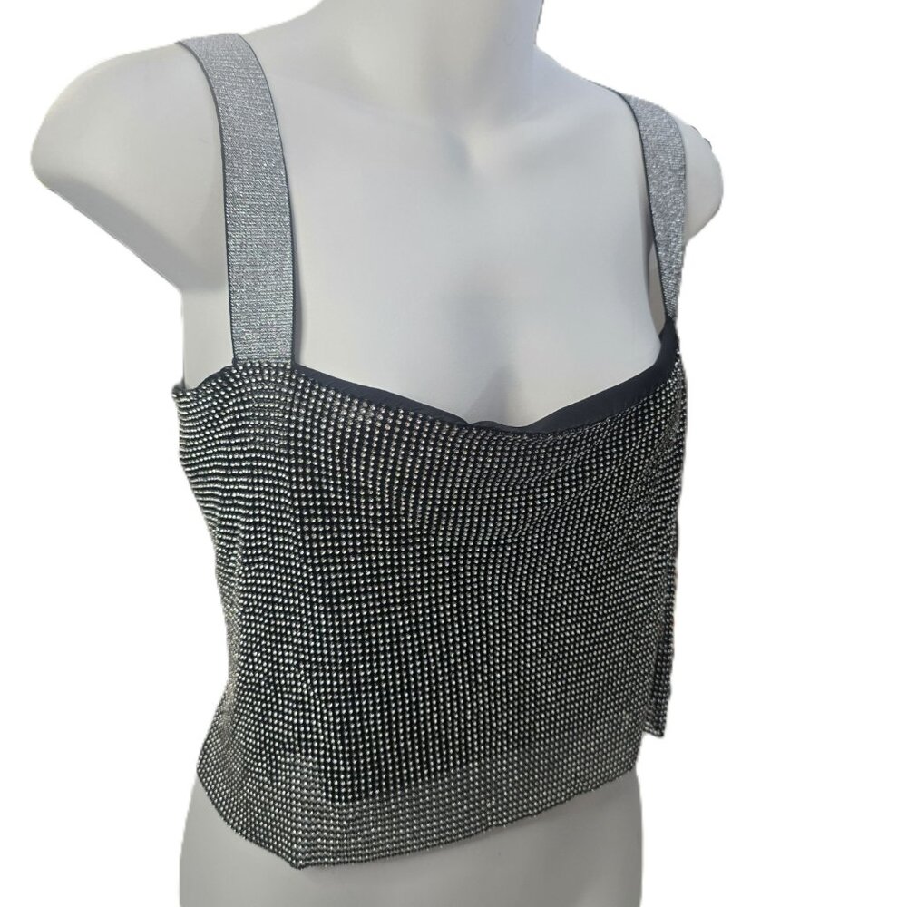 Rhinestone Crop Tank Top Womens M Silver Crystal Mesh Lace Up Back Clubwear